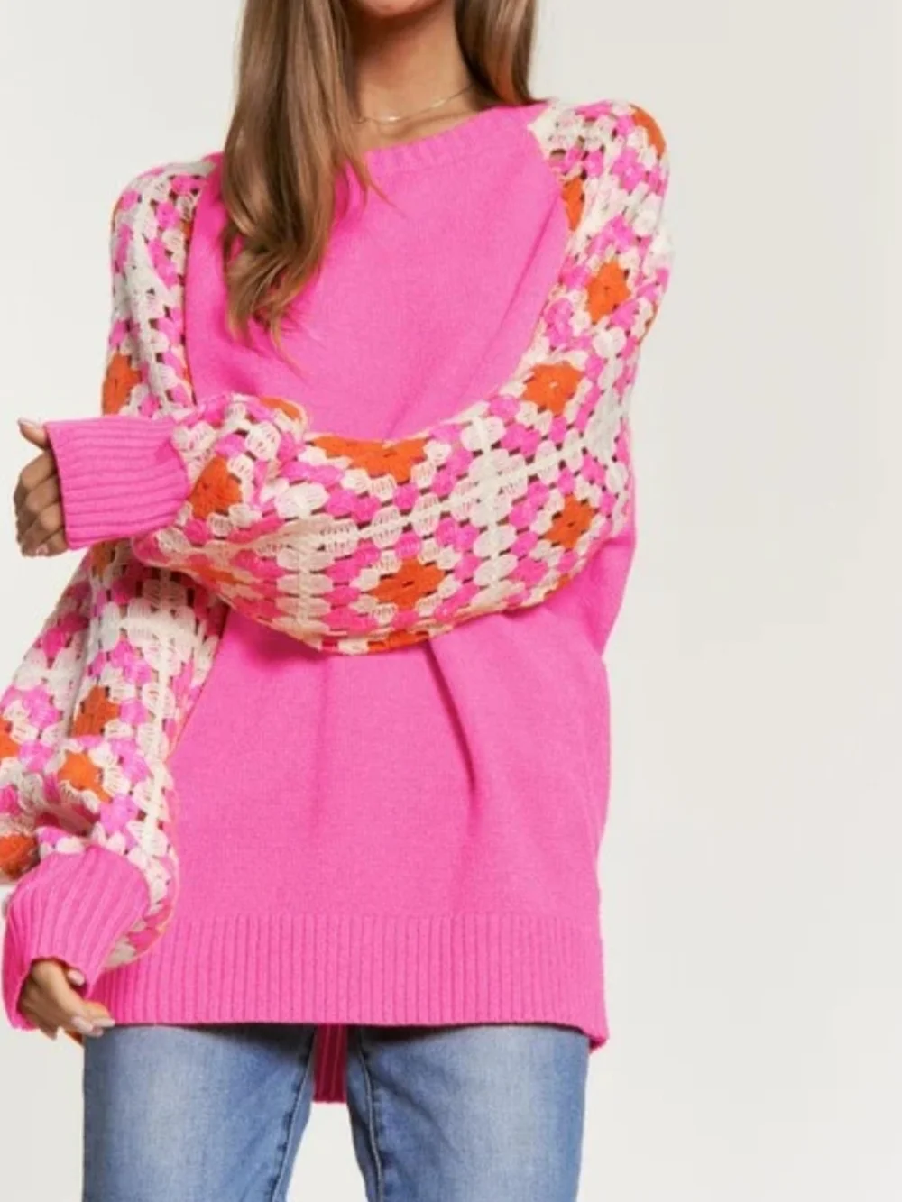 Davi & Dani Women’s Crochet Sleeve Pink Knit Sweater; Size S - Picture 2 of 11